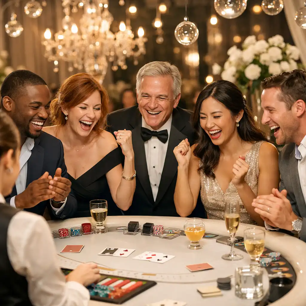 Goście eventu integrujący się przy stole blackjackowym w futurystycznej oprawie świetlnej