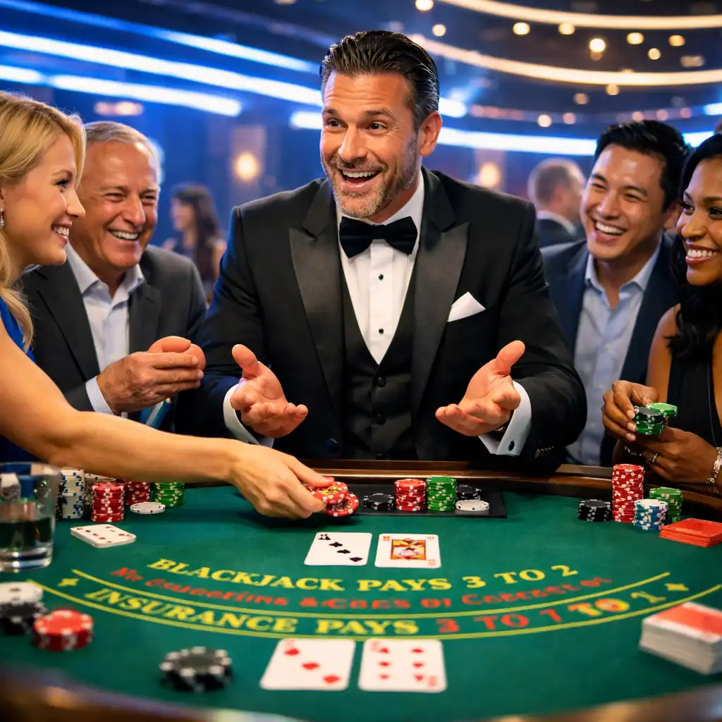 Uczestnicy eventu grający w blackjack przy eleganckim, podświetlonym stole