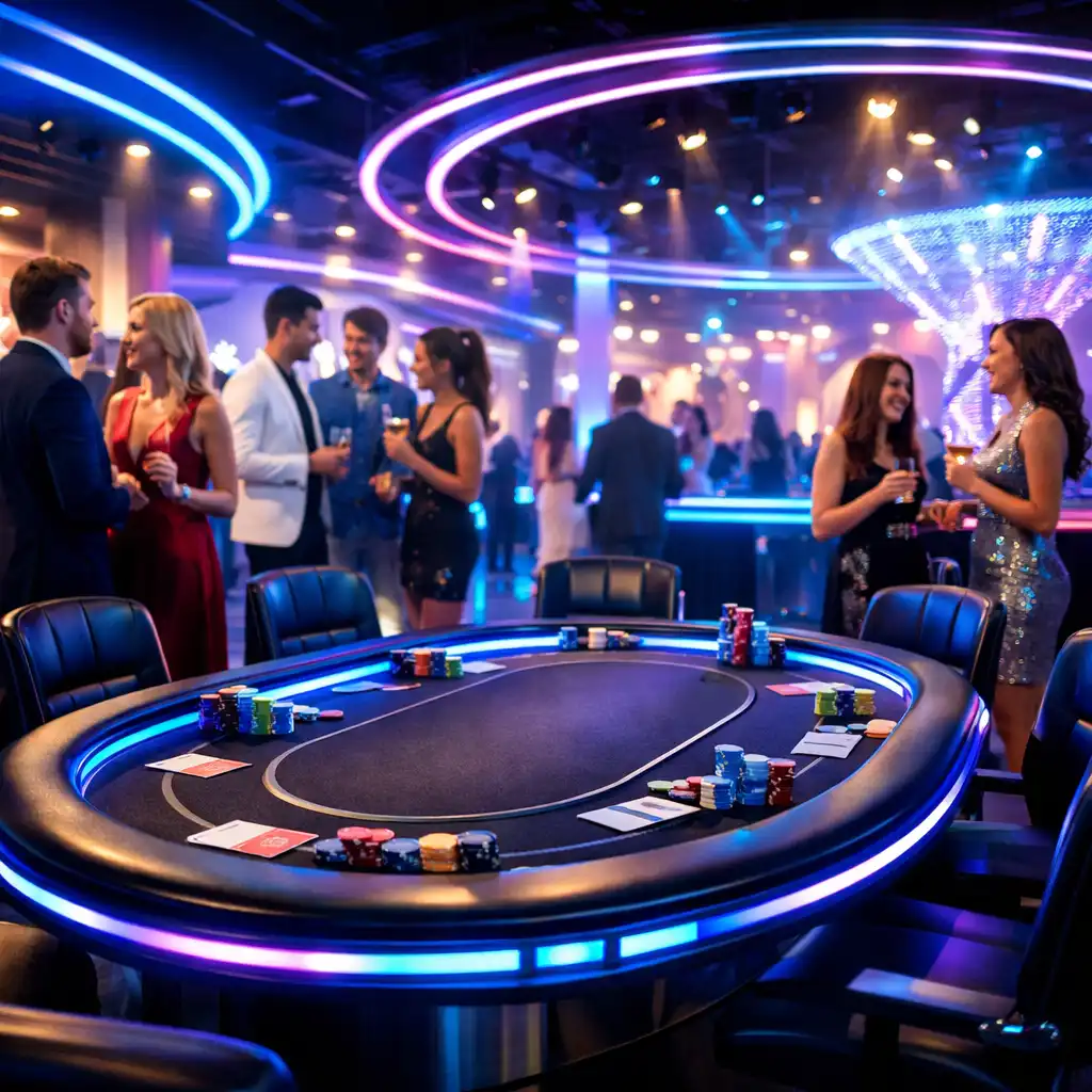 Futurystyczna oprawa świetlna i muzyczna przy stole pokerowym na evencie