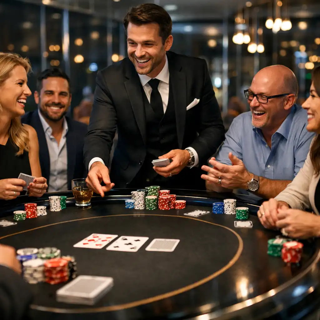Uczestnicy eventu grający przy mobilnym stole pokerowym z prowadzącym